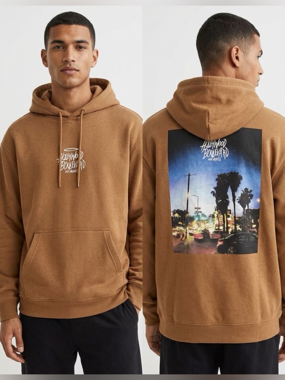 H&M Men's Caramel Brown Pullover Hoodie with Kangaroo Pocket, Size Medium